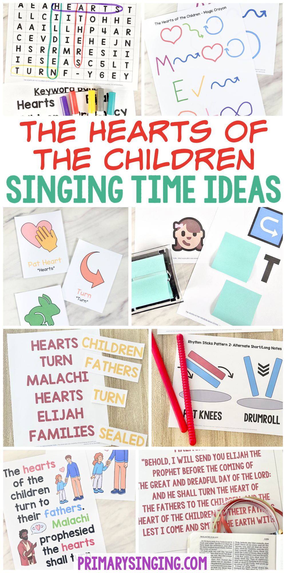 14 The Hearts of the Children Singing Time Ideas 13 The Hearts of the Children Singing Time ideas teaching packet includes 8 fun ways to teach this song using different learning styles! Including a custom illustrated flip chart, magic crayon, movement words, rhythm sticks, keyword pairs, word search, picture puzzles, and more lesson plans. Printable song helps for LDS Primary music leaders.