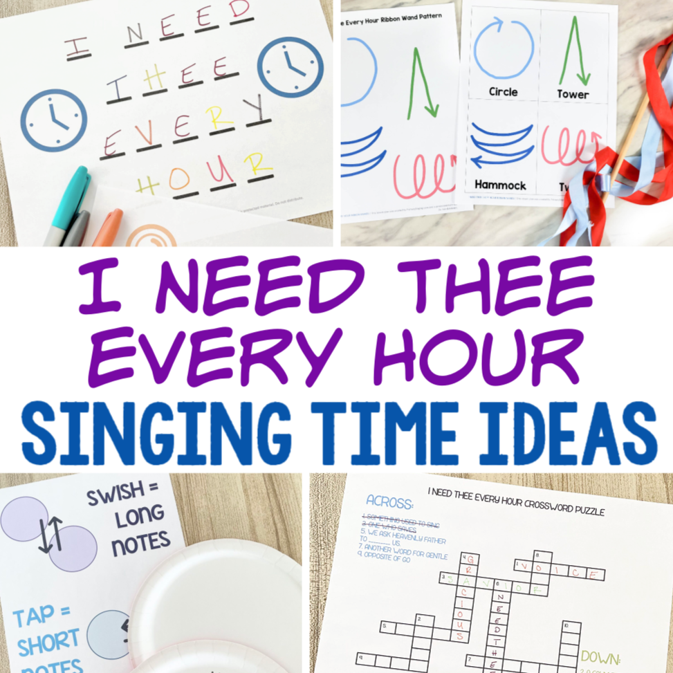 I Need Thee Every Hour Flip Chart & Lyrics 11 I Need Thee Every Hour Singing Time Ideas - Tons of fun ways to teach this song including flip charts, crossword puzzle, number problems, object lessons, paper plates, ribbon wands, sing & reply, word blanks, conference quotes, and more fun lesson plans! Printable song helps for LDS Primary music leaders for Old Testament Come Follow Me Singing Time.