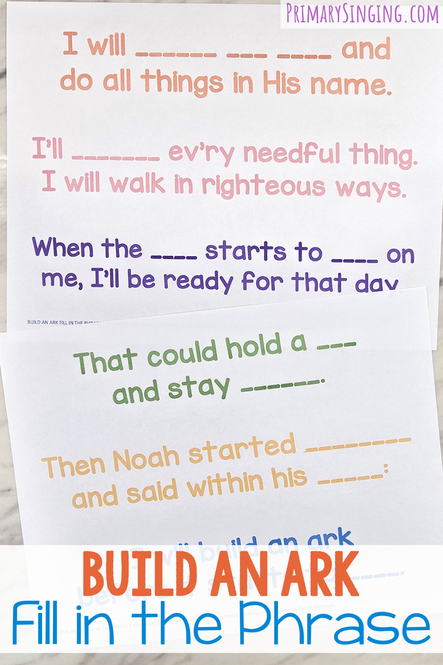 Build an Ark Fill in the Phrase 1 Build an Ark Fill in the Phrase Fun Singing Time Idea - Can you finish the phrase of the song as you learn the melody line by line. Fun lesson plan for LDS Primary music leaders.