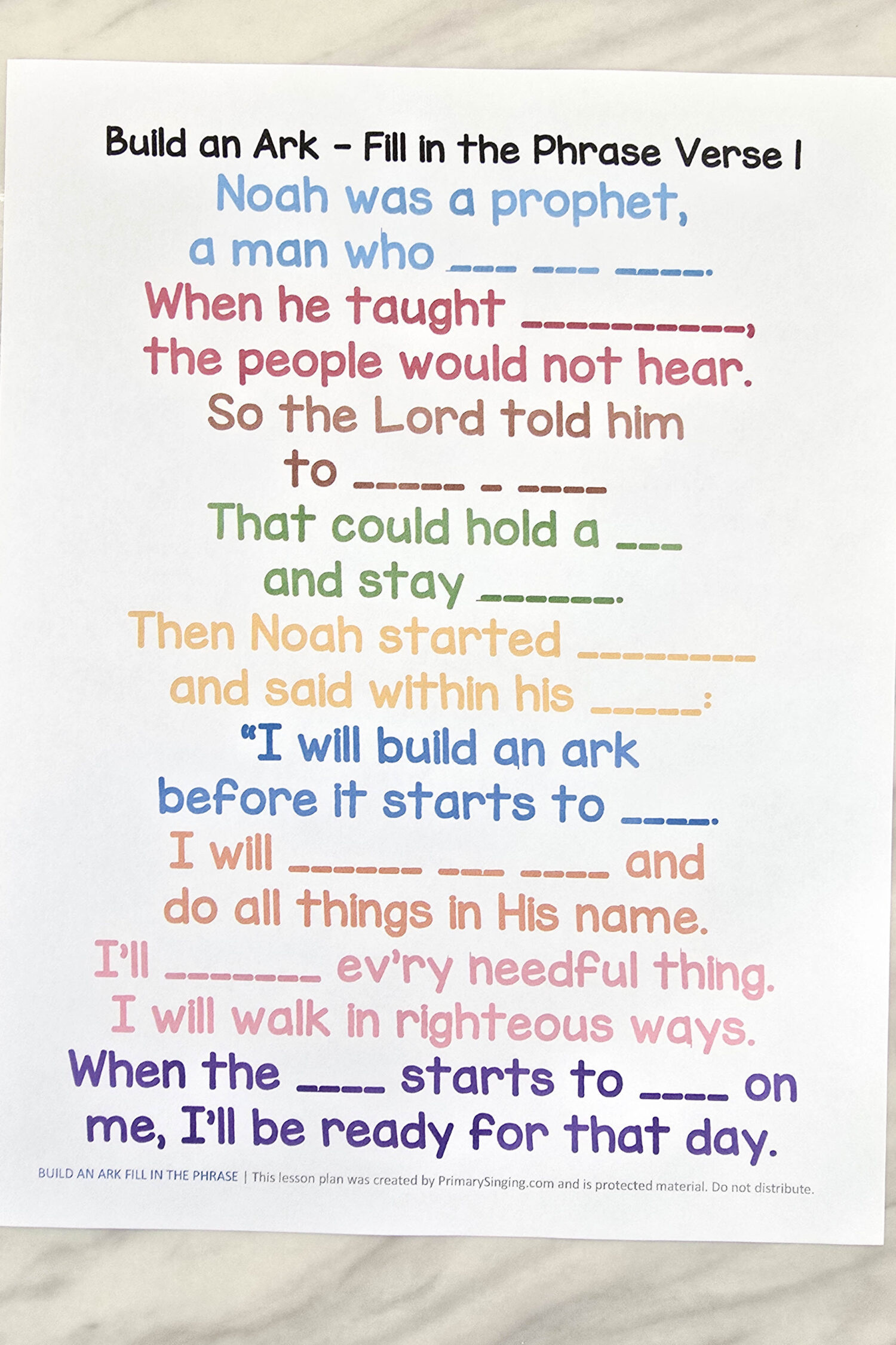 Build an Ark Fill in the Phrase 4 Build an Ark Fill in the Phrase Fun Singing Time Idea - Can you finish the phrase of the song as you learn the melody line by line. Fun lesson plan for LDS Primary music leaders.