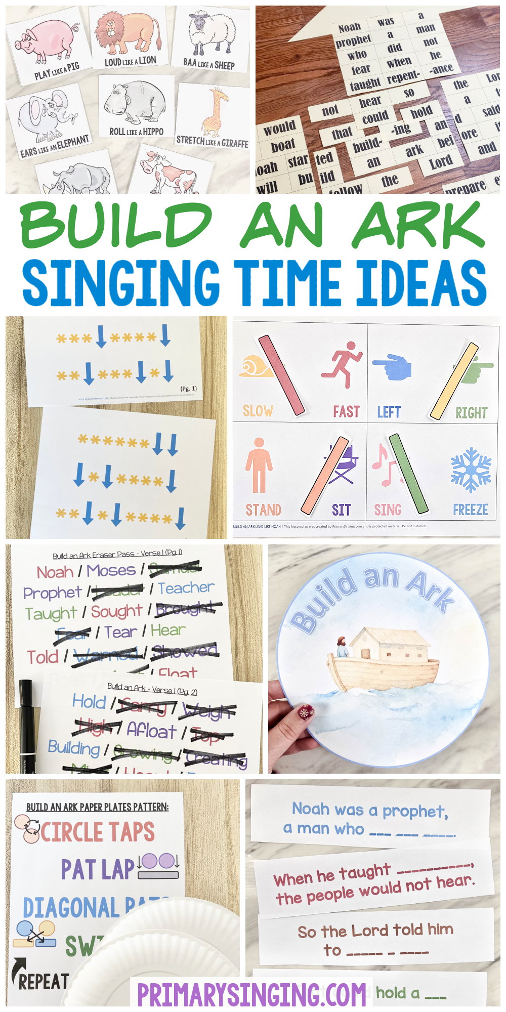 Build an Ark Singing Time Ideas - Tons of fun ways to help you teach this Primary song including ark lyrics puzzle, pass an ark, eraser pass, paper plates, stomp & clap, lead like Noah, fill in the phrase! Plus flip charts and more activities. Lesson plans for LDS Primary music leaders.