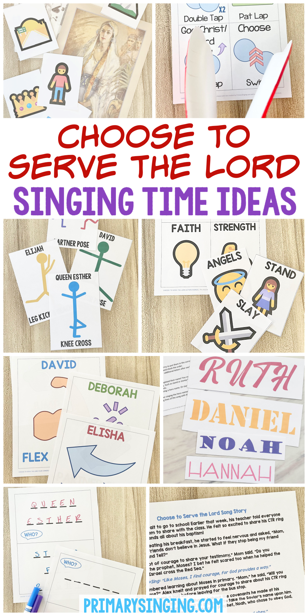 Choose to Serve the Lord Singing Time Ideas - Tons of fun ways to help you teach this Primary song including Action words, emoji picture match, four corners, hero names, paper plates, song story, word blanks, and yoga poses! Plus flip charts and more activities. Lesson plans for LDS Primary music leaders.