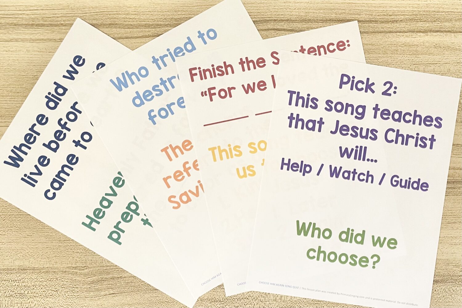 Choose Him Again Song Quiz 7 Choose Him Again Song Quiz - Answer quiz questions about the song for a fun way to review the lyrics as you teach this primary song. Includes printable song helps for LDS Primary Music Leaders.