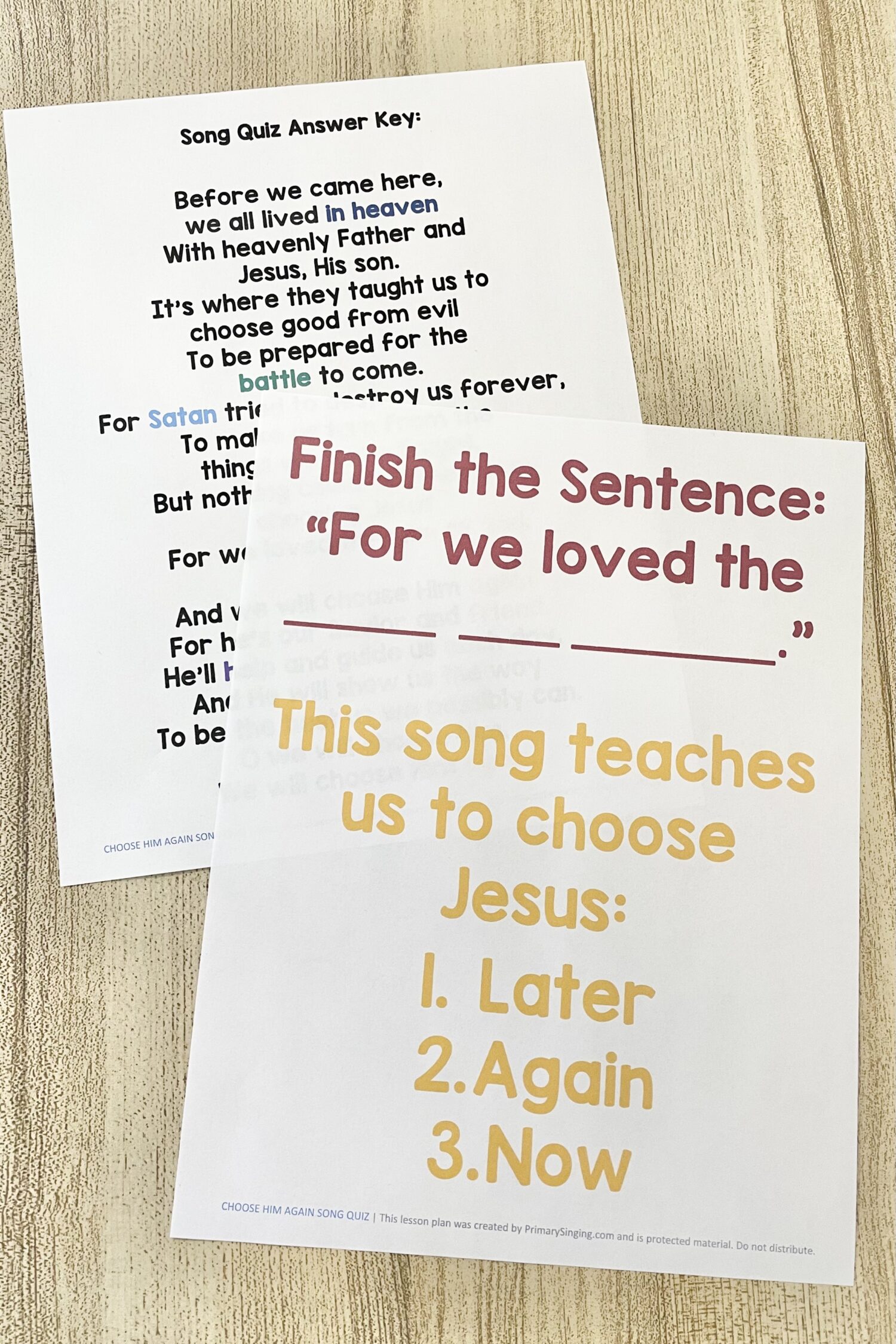 Choose Him Again Song Quiz 4 Choose Him Again Song Quiz - Answer quiz questions about the song for a fun way to review the lyrics as you teach this primary song. Includes printable song helps for LDS Primary Music Leaders.