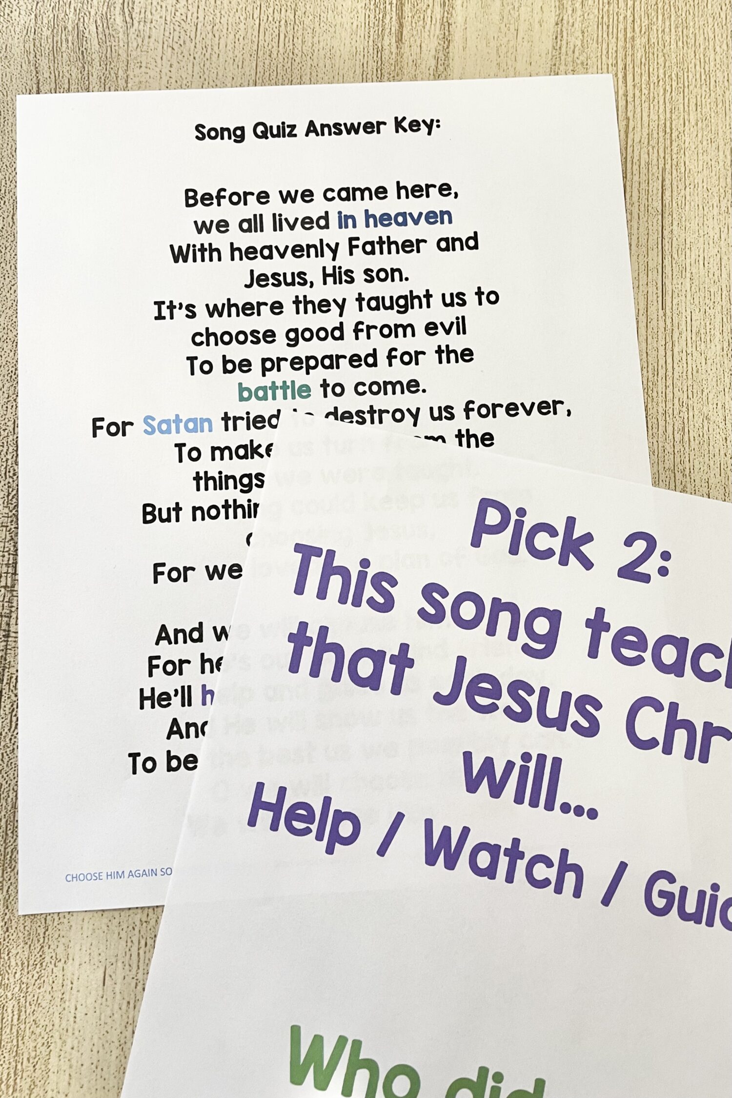 Choose Him Again Song Quiz 2 Choose Him Again Song Quiz - Answer quiz questions about the song for a fun way to review the lyrics as you teach this primary song. Includes printable song helps for LDS Primary Music Leaders.
