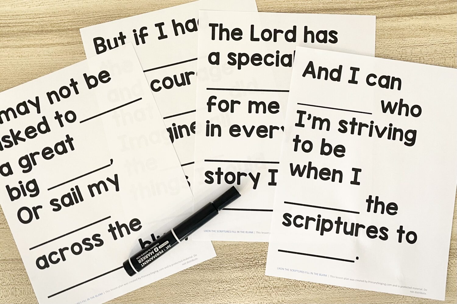 Liken the Scriptures Fill in the Blank - Use this fun review idea with word blanks for each phrase of this primary song. Includes printable song helps for LDS Primary Music Leaders.