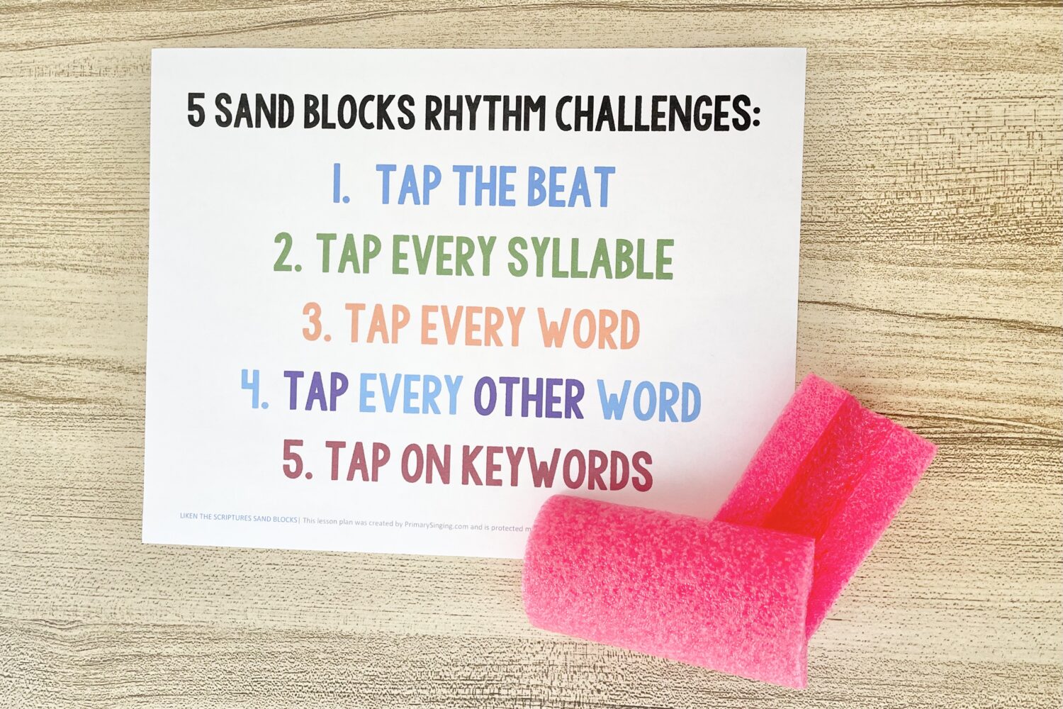 Liken the Scriptures Sand Blocks - Try 5 different rhythm challenges using homemade sand block instruments for a fun way to review this primary song with printable song helps for LDS Primary Music Leaders.