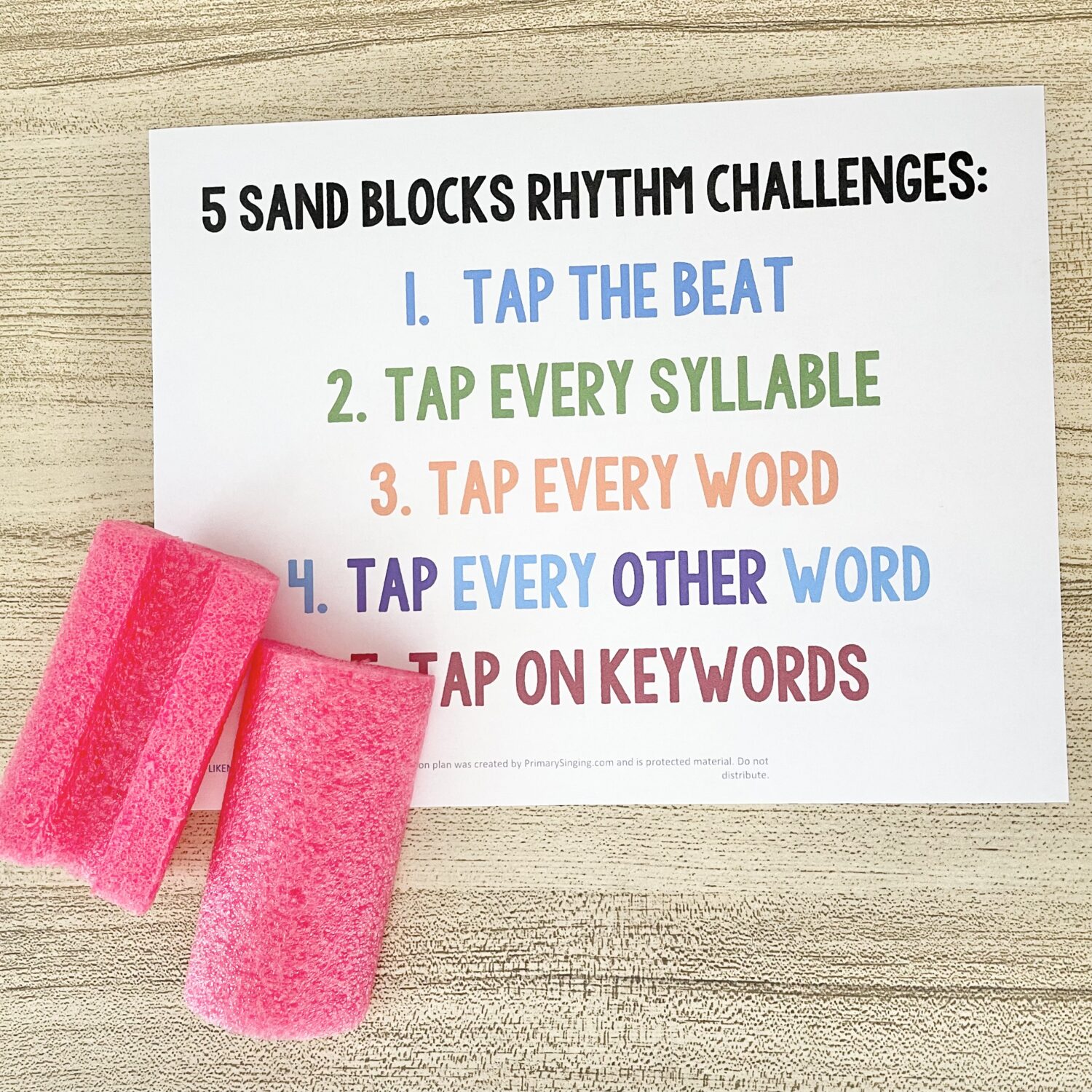 Liken the Scriptures Sand Blocks - Try 5 different rhythm challenges using homemade sand block instruments for a fun way to review this primary song with printable song helps for LDS Primary Music Leaders.