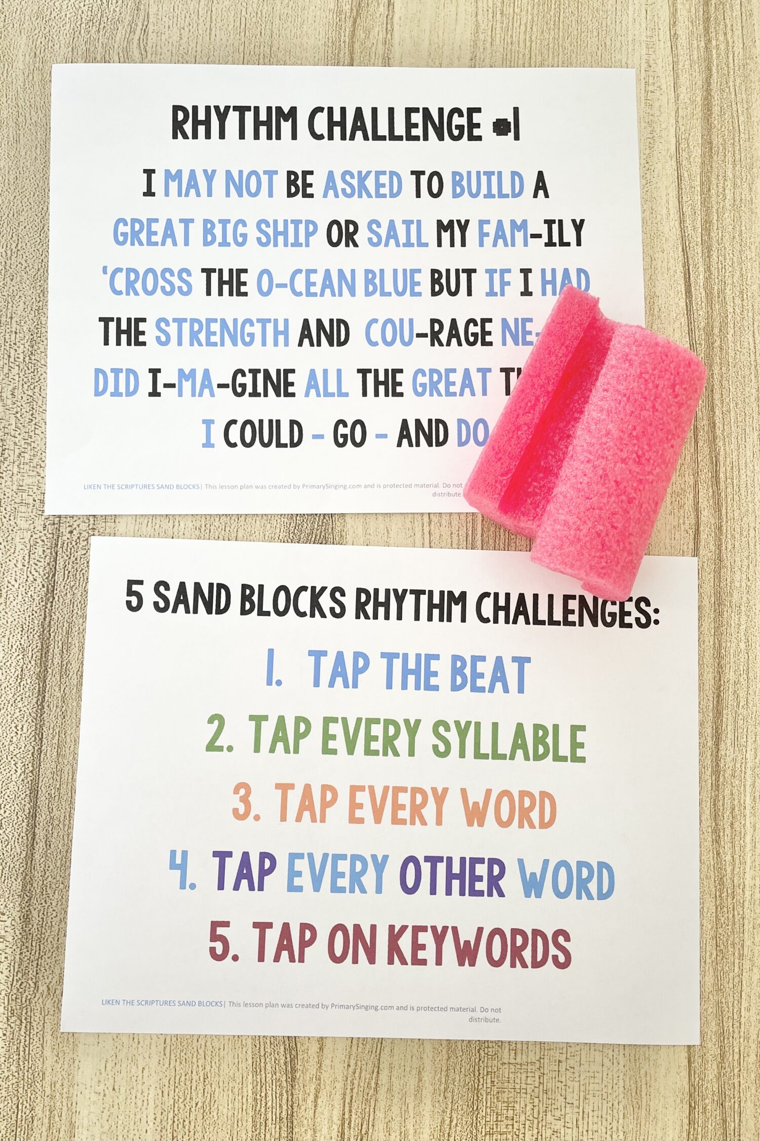 Liken the Scriptures Sand Blocks - Try 5 different rhythm challenges using homemade sand block instruments for a fun way to review this primary song with printable song helps for LDS Primary Music Leaders.