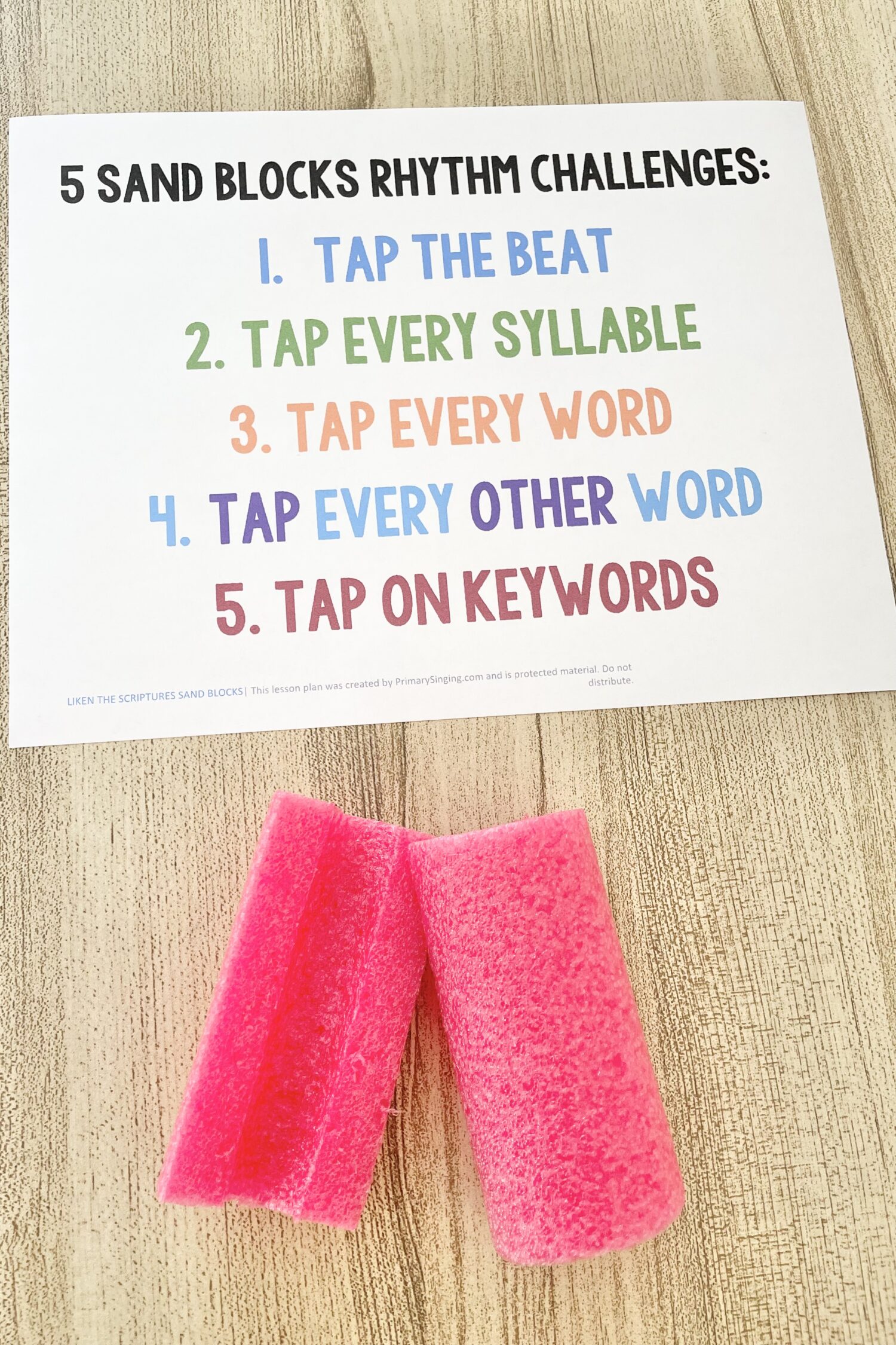 Liken the Scriptures Sand Blocks - Try 5 different rhythm challenges using homemade sand block instruments for a fun way to review this primary song with printable song helps for LDS Primary Music Leaders.