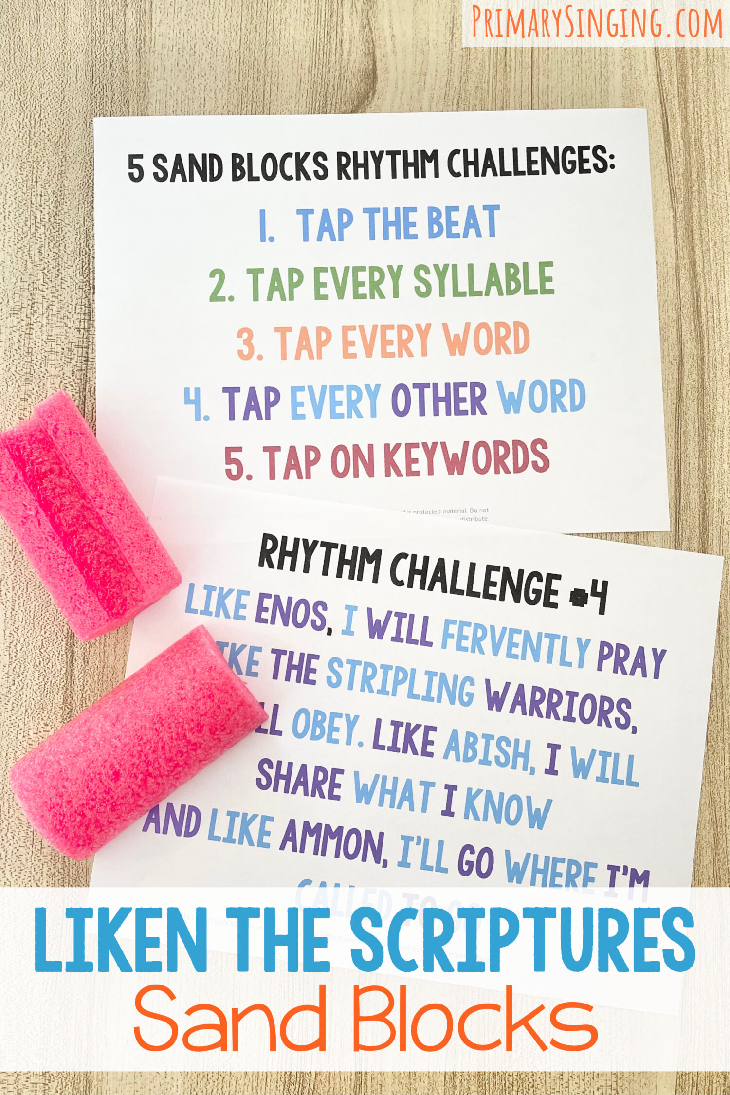 Liken the Scriptures Sand Blocks - Try 5 different rhythm challenges using homemade sand block instruments for a fun way to review this primary song with printable song helps for LDS Primary Music Leaders.