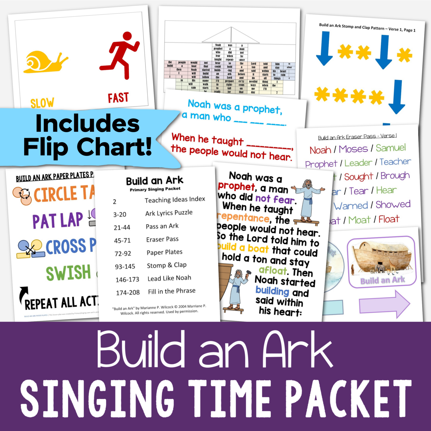 Build an Ark Singing Time Ideas - Tons of fun ways to help you teach this Primary song including a beautiful custom illustrated flip chart, ark lyrics puzzle, pass an ark, eraser pass, paper plates, stomp & clap, lead like Noah, fill in the phrase! Lesson plans for LDS Primary music leaders.