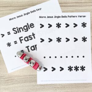 More Jesus Jingle Bells Pattern - Shake along with this fun rhythm pattern as you teach this primary song with printable song helps for LDS Primary Music Leaders and families.