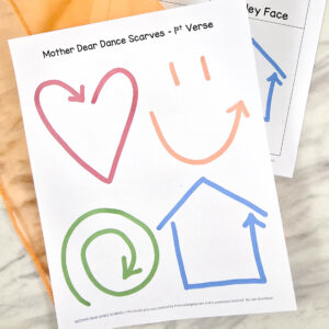 Mother Dear Dance Scarves fun singing time activity - move your dance scarve in the air to represent shapes tied to each line of the song lyrics! Fun and engaging lesson plan for LDS Primary music leaders for this sweet Mother's Day song.