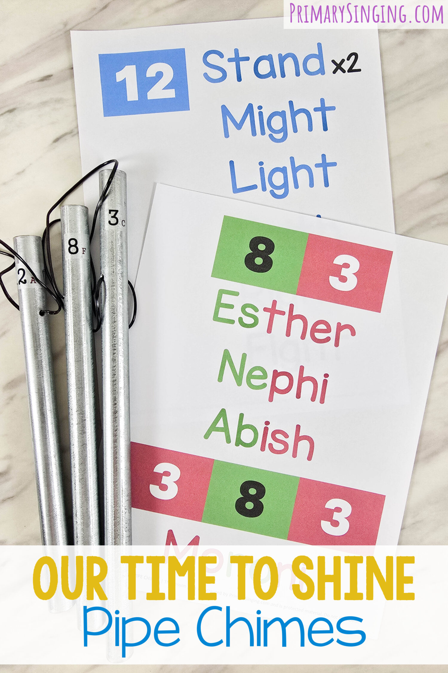 Our Time to Shine Pipe Chimes Singing Time Ideas - Ring the chimes on the hero names and keywords as you sing through this lovely Primary song! Plus alternate for hand bells. Printable song helps for LDS Primary music leaders.