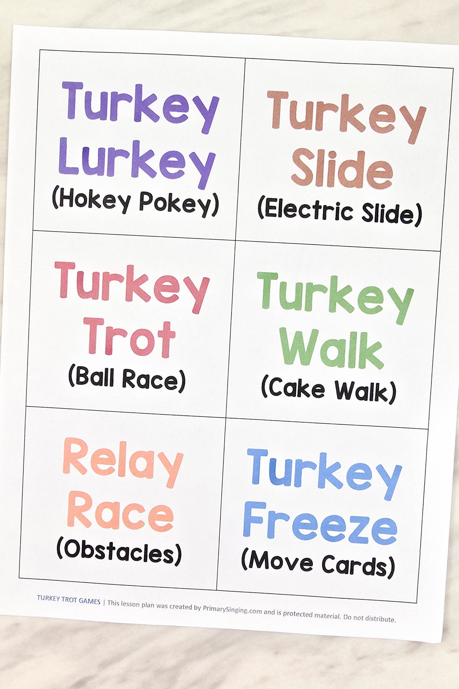 6 Easy Thanksgiving Turkey Trot Activities for Kids 7 Thanksgiving Turkey Trot Games Fun activities for LDS Primary Singing Time! Try these fun turkey themed dance moves, movement cards, a cake walk, even a relay race obstacle course! There are 6 different games to try to best fit your unique Primary.
