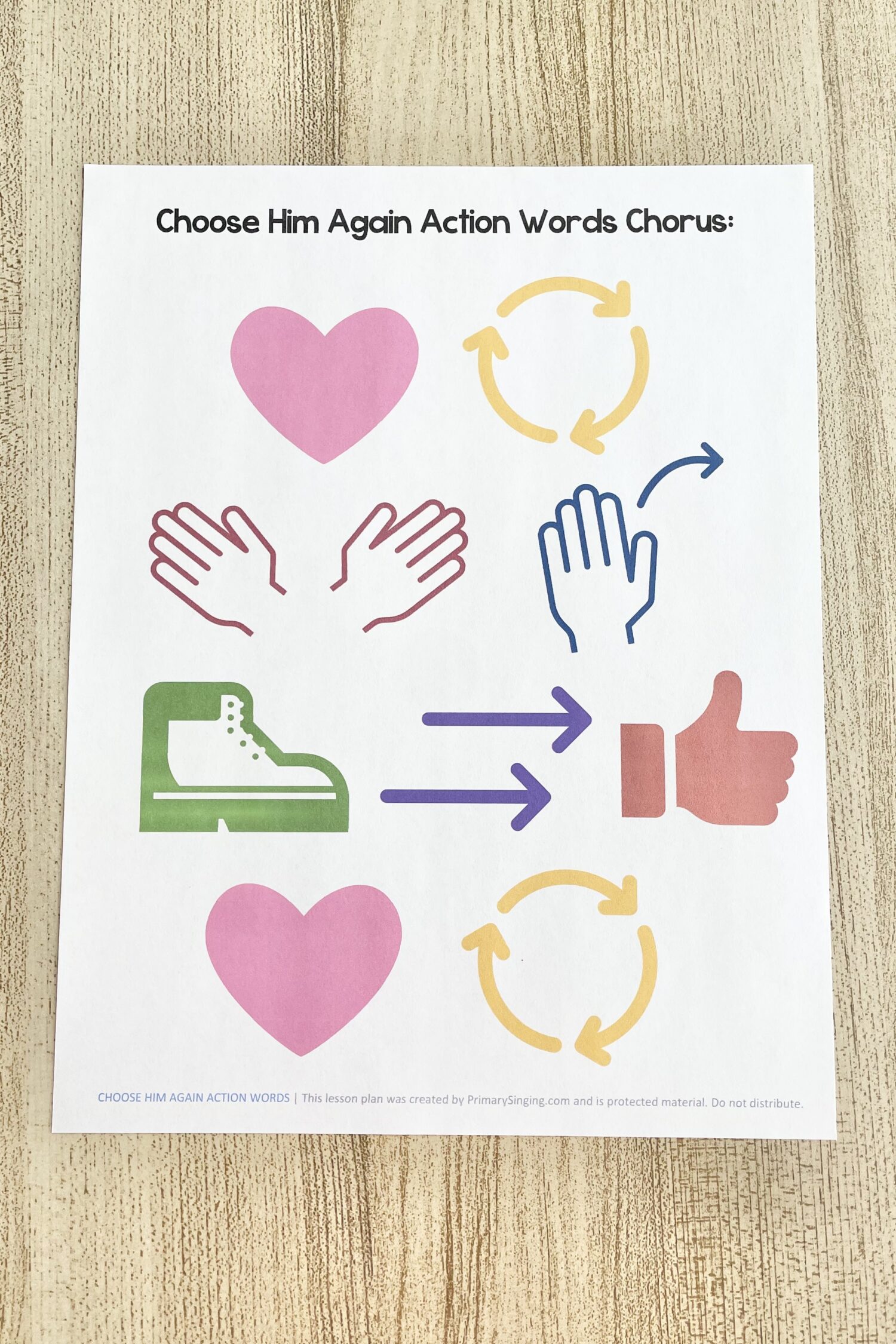 Choose Him Again Action Words - Teach these simple actions for keywords throughout the song for a fun memory aid as you review the lyrics with printable song helps for LDS Primary Music Leaders.