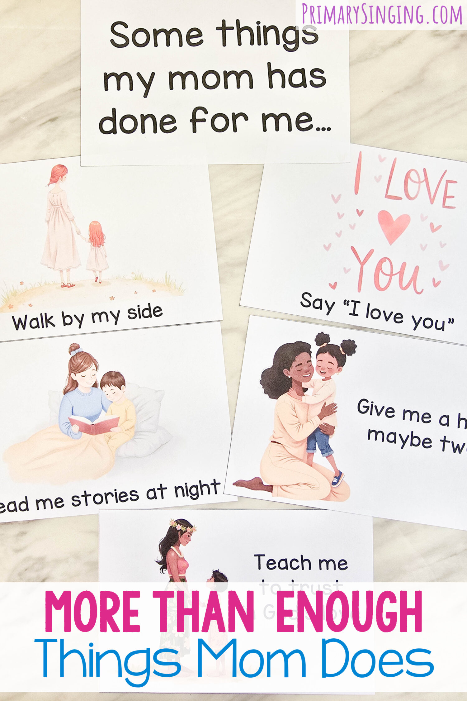 More Than Enough Things Mom Does 1 More Than Enough Things Mom Does - Use this adorable visual singing time lesson plan to help the children learn the song lyrics while also thinking about the words in the way of realizing all the things their mom does for them! Printable song helps for LDS Primary Music Leaders teaching this sweet Mother's Day song.