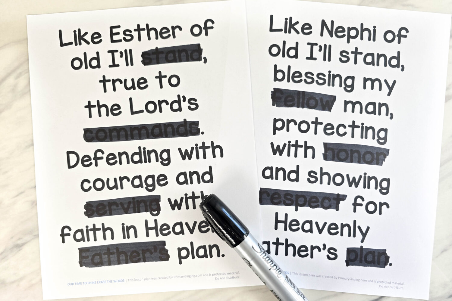 Our Time to Shine First Letters 8 Our Time to Shine Eraser Words easy singing time activity to challenge the children to learn the words and erase each others key word phrases as you sing through the song. Printable song helps for LDS Primary music leaders.