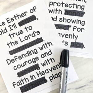 Our Time to Shine Eraser Words easy singing time activity to challenge the children to learn the words and erase each others key word phrases as you sing through the song. Printable song helps for LDS Primary music leaders.