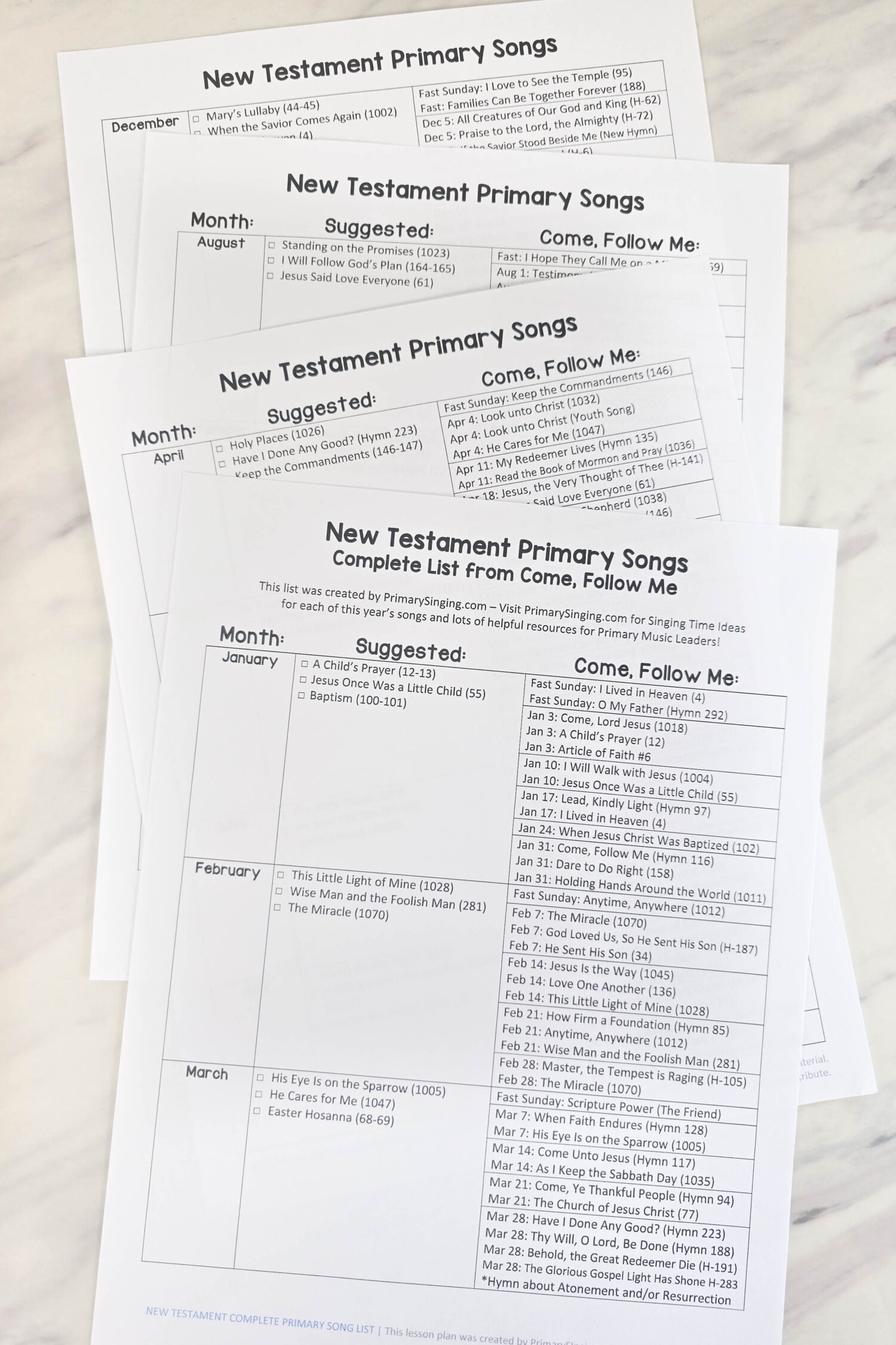 2027 New Testament Singing Time Entire Come Follow Me Song List - See all of the songs recommended to teach this year including songs included throughout the manual! Printable song list for LDS Primary music leaders and Ward Choir directors!