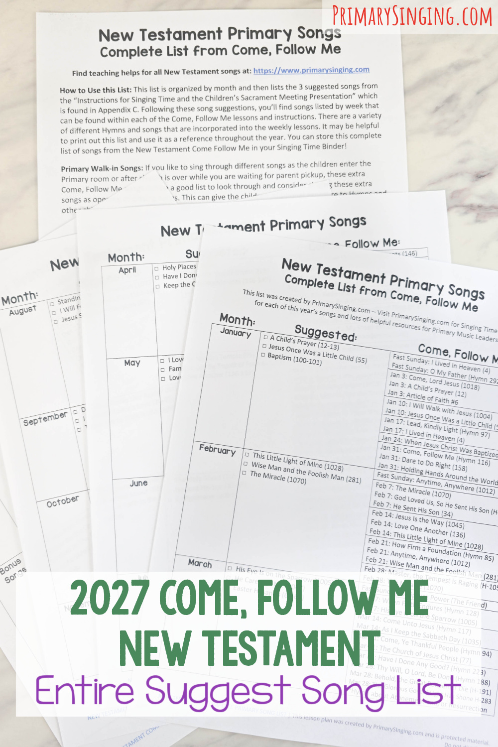 2027 New Testament Singing Time Entire Come Follow Me Song List - See all of the songs recommended to teach this year including songs included throughout the manual! Printable song list for LDS Primary music leaders and Ward Choir directors!