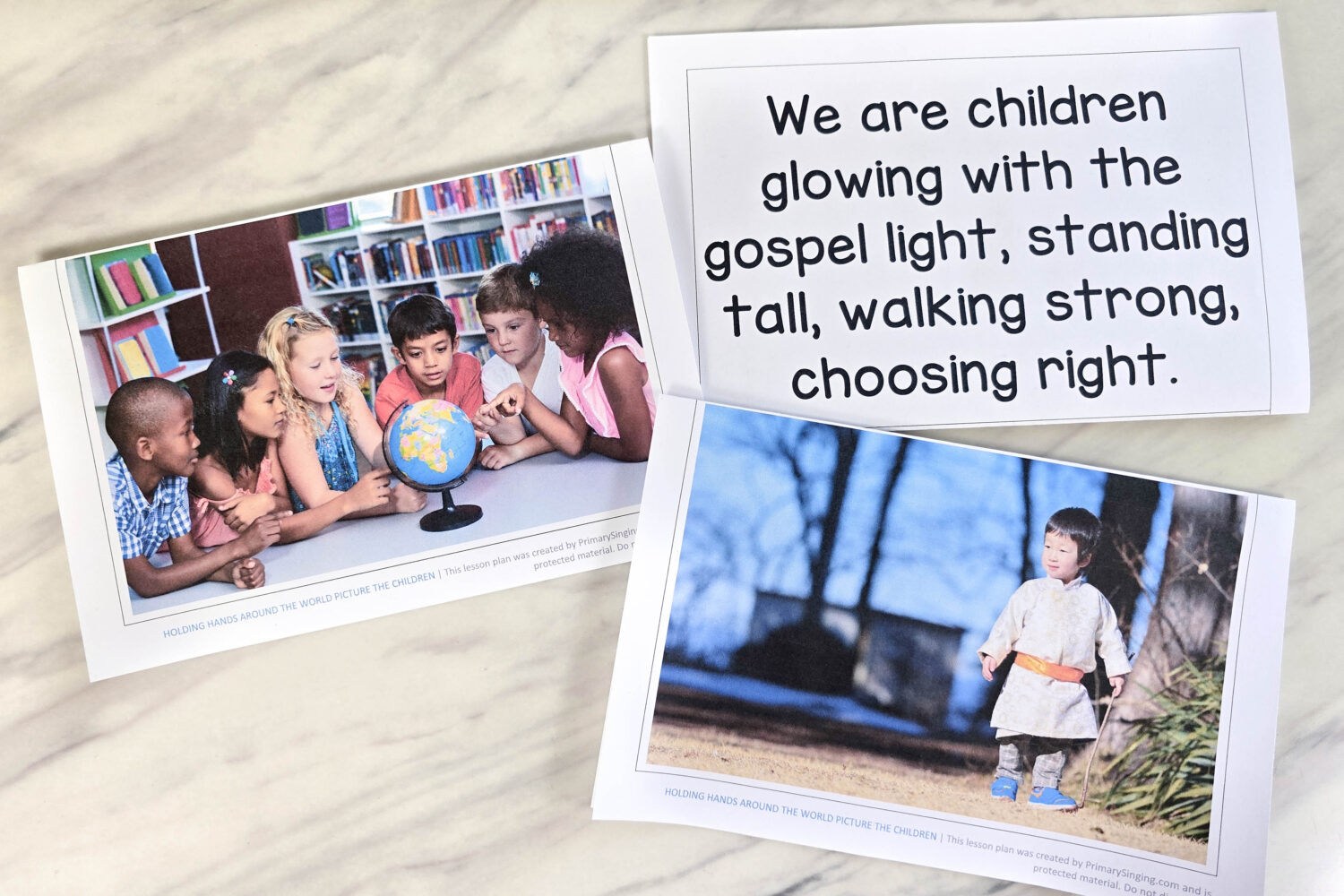 Holding Hands Around the World Picture the Children - Start with the lyrics face up, then flip them over as you go to pictures of children from all over the world! Fun and easy singing time idea and lesson plan for LDS Primary music leaders.
