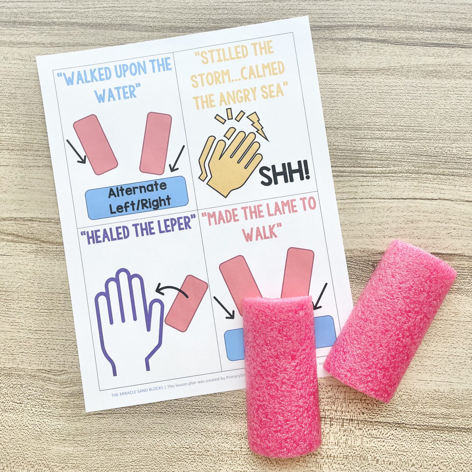 The Miracle Sand Blocks - Follow along with this fun sand blocks pattern with actions for each miracle as you teach this New Testament song in primary.