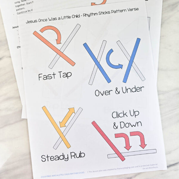 Jesus Once Was a Little Child Rhythm Sticks fun singing time lesson plan with rhythm pattern! Including printable song helps for LDS Primary Music Leaders teaching this New Testament song.