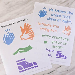 He Cares for Me Body Rhythm - Use this fun repeating pattern that's easy to learn with an increased challenge each time you sing through the song for lots of repetition and fun! Printable song helps for LDS Primary music leaders.