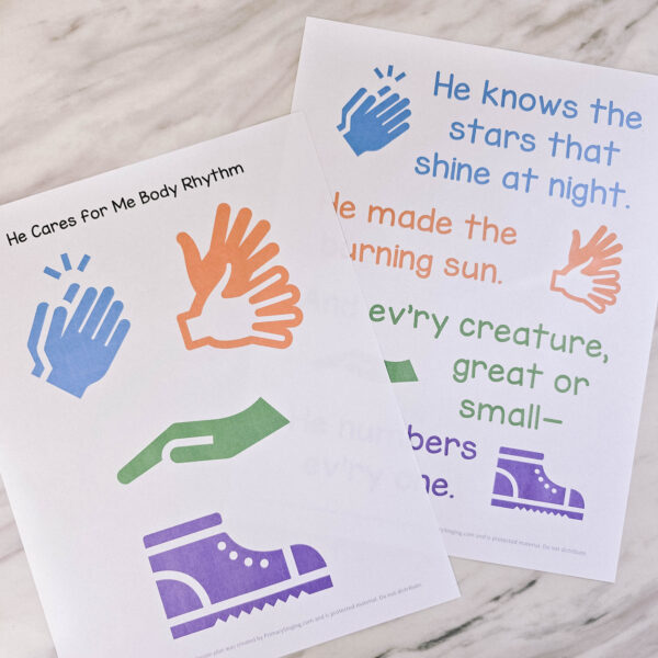 He Cares for Me Body Rhythm 1 He Cares for Me Body Rhythm - Use this fun repeating pattern that's easy to learn with an increased challenge each time you sing through the song for lots of repetition and fun! Printable song helps for LDS Primary music leaders.