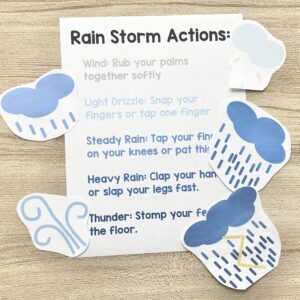 The Wise Man and the Foolish Man Rain Storm - Create a rhythm rain storm using body percussion for an engaging way to review this primary song! Includes printable song helps for LDS Primary Music Leaders and families.