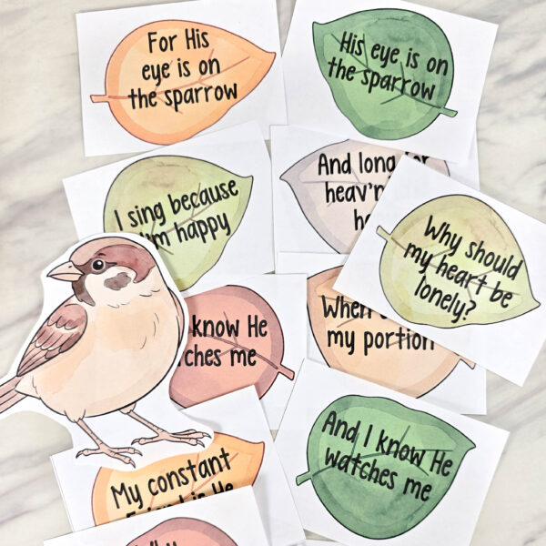 His Eye is on the Sparrow Leaf Lyrics & Games 1 His Eye is on the Sparrow Leaf Lyrics & Games - Fun singing time activity and lesson plan to help you seek for the words, or the sparrow, as you review this song! Plus several fun games with a hidden sparrow to try! Printable song helps for LDS Primary music leaders.