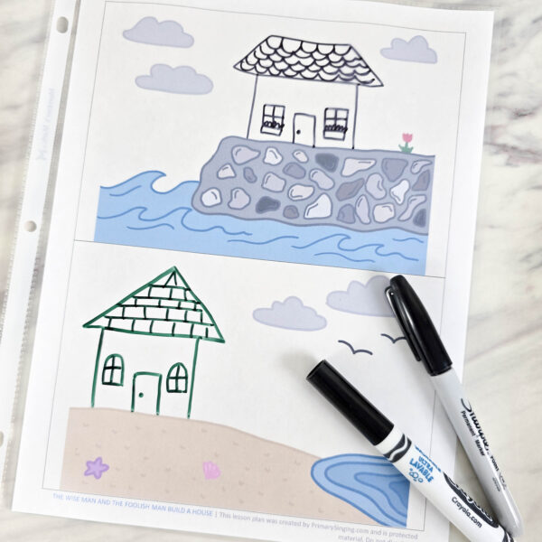 The Wise Man and the Foolish Man Build a House 1 The Wise Man and the Foolish Man Build a House singing time idea! Draw two houses, and see what happens with the rain appears! Plus additional ways to build and test your house and foundations. Fun singing time idea with printable lesson plan for LDS Primary music leaders.