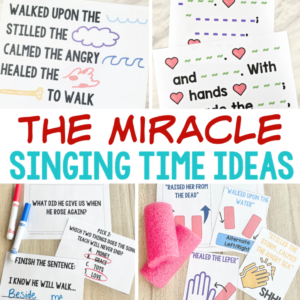 The Miracle Singing Time ideas for Primary - tons of fun ways to teach this song including picture his miracles, movement words, song quiz, sand blocks, crack the code, match the miracles, silent videos, and sign instead! Plus custom illustrated flip chart and even a sing-along video!