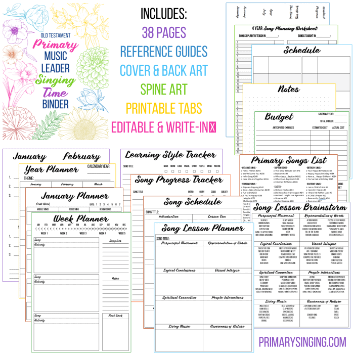 Shop: Primary Singing Time Binder Planner Singing time ideas for Primary Music Leaders Planner Workbook Etsy Overview Graphic
